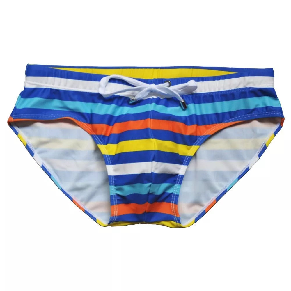 Men's striped swim trunks with rope detail for beach and surfing