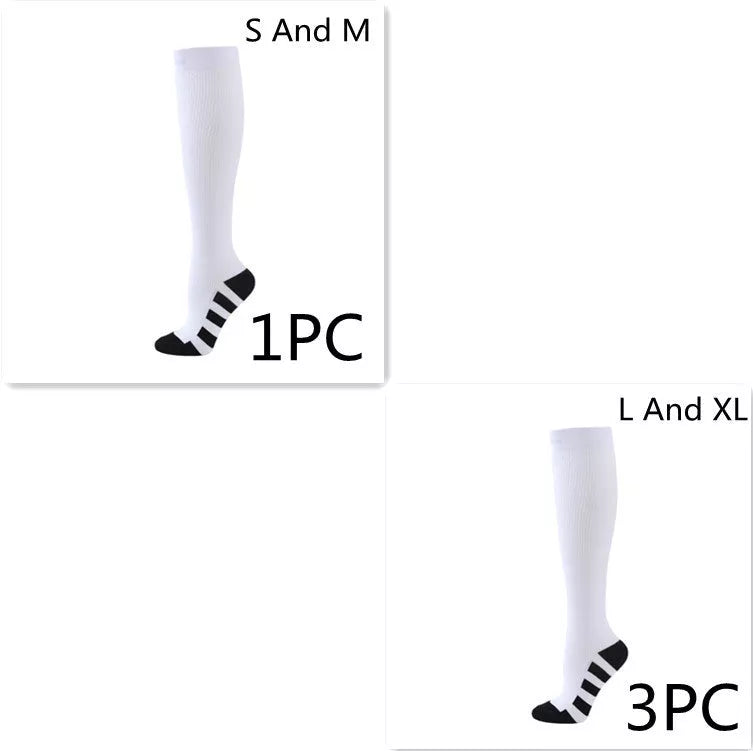 Athletic compression socks with three-bar design in black, pink, and white