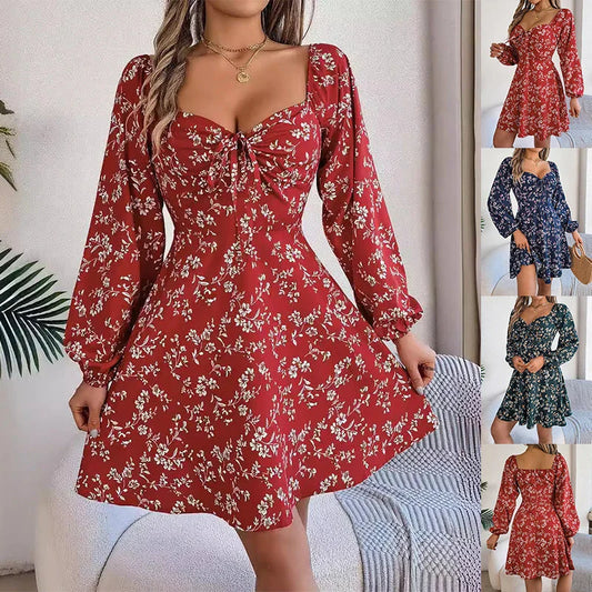 Flirty floral print chiffon dress with lantern sleeves, square neckline, and A-line silhouette