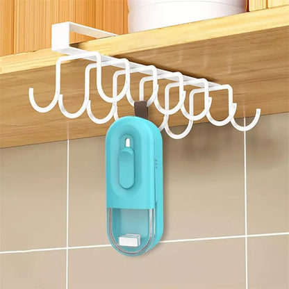 Handheld portable food bag sealer in black, white, and Lake Blue