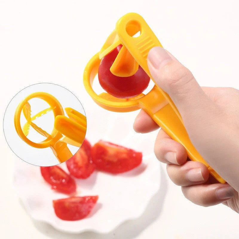 Manual tomato slicer with serrated knife for even dicing, compact design