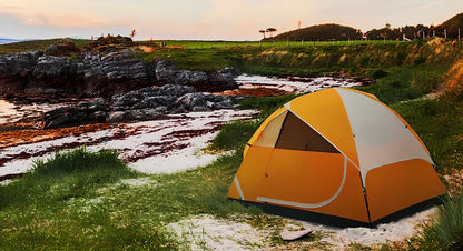 Orange two-person hiking tent with fiberglass poles showing 213cm length and waterproof construction