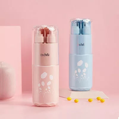 Compact travel toiletries storage cup in grey, blue, pink, or green with multiple compartments