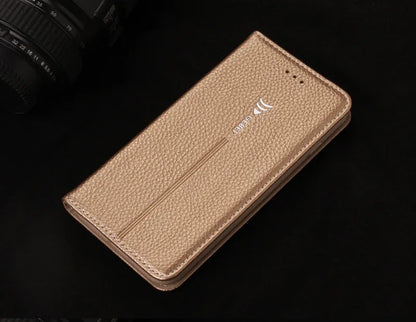 Black PU leather wallet case for iPhone X with cards stored inside