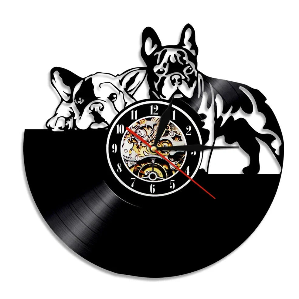 30cm vinyl record wall clock with dog breed designs, silent quartz movement, and pre-installed hook