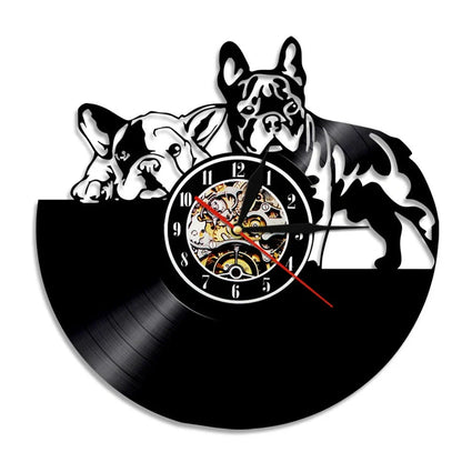 30cm vinyl record wall clock with dog breed designs, silent quartz movement, and pre-installed hook