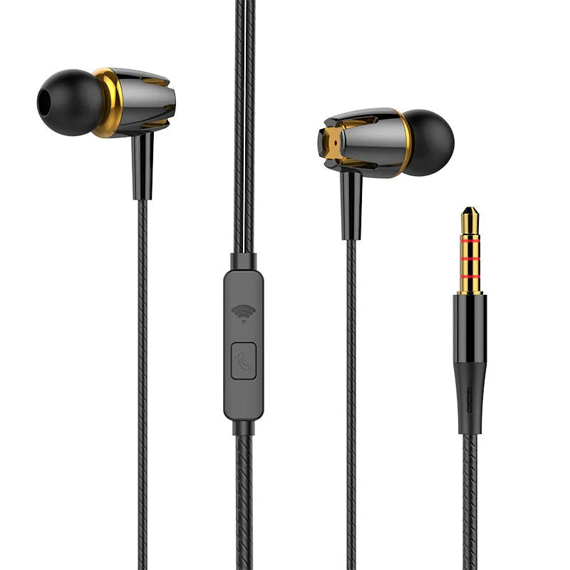 In-ear wired headphones with 120 cm cable, 108 dB sensitivity, available in black, blue, gold and rose red.