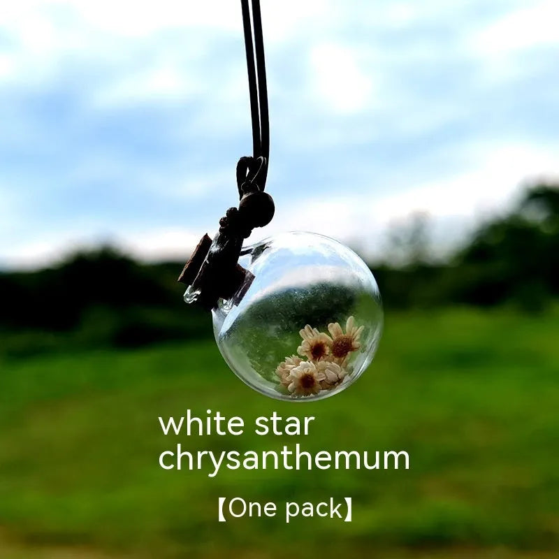 Glass fire extinguisher-shaped car perfume pendant with preserved flowers inside