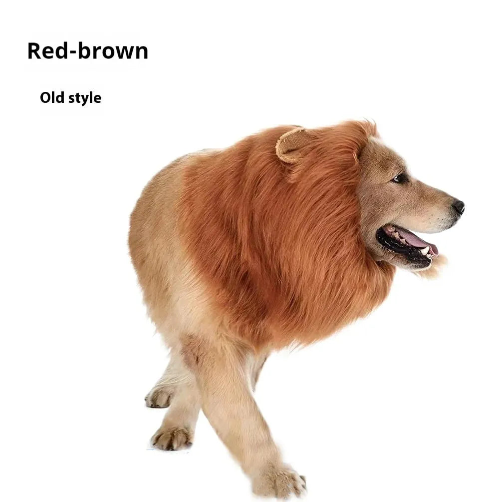 Dog wearing adjustable lion headdress costume with elastic neckband in light brown colour