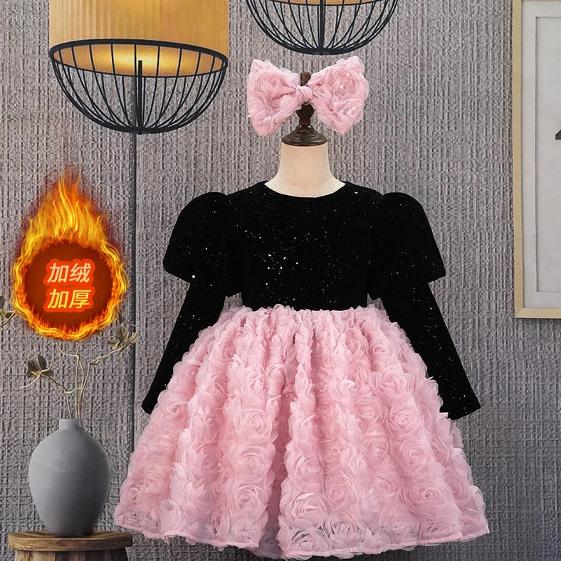 Piano performance dress in princess style with Bohemian elements, available in short and long sleeve versions