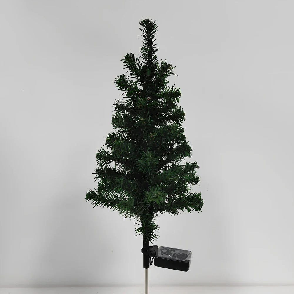 Solar-powered Christmas tree garden light with green ABS construction and warm white LED illumination