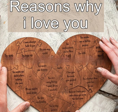 Wooden heart puzzle with love messages for romantic gifts, light brown color.