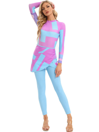 Conservative Muslim women's swimwear three-piece set with apron in polyester fabric