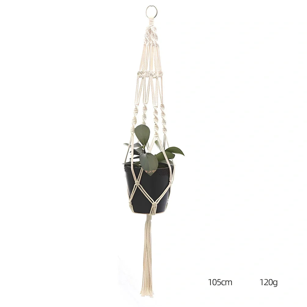 Hand-knitted cotton flowerpot net bag showing mesh pattern and hanging installation
