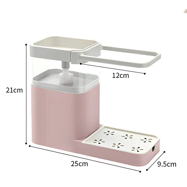 Blue kitchen sink dispenser with towel bar and shelf measuring 25cm wide