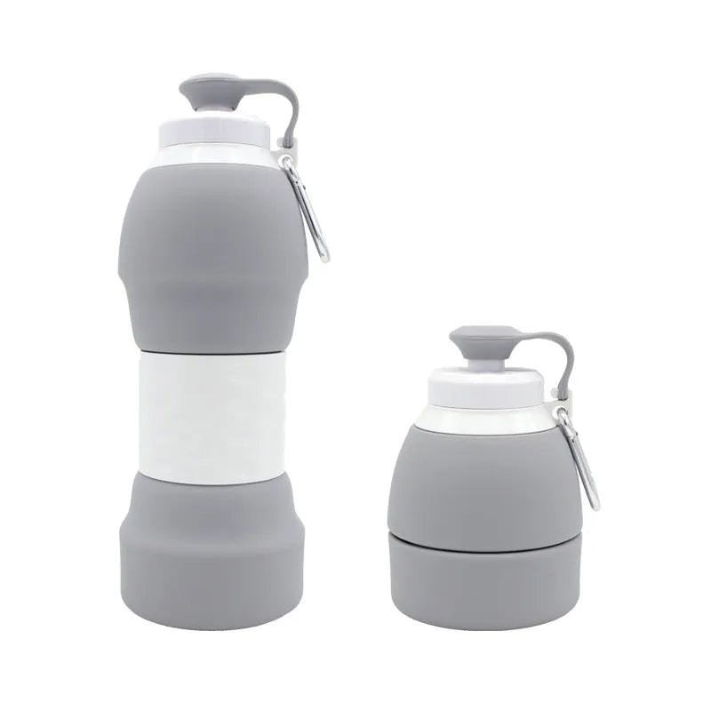 Blue silicone folding water bottle shown both extended and collapsed, next to a backpack.