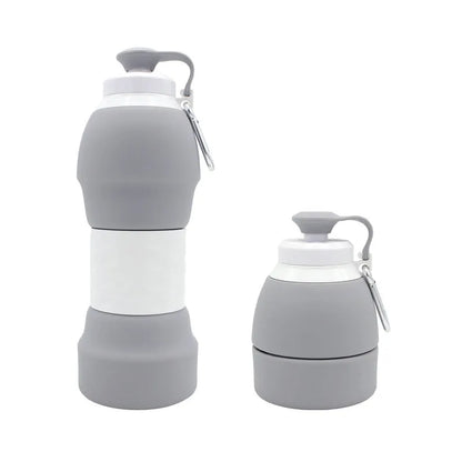 Blue silicone folding water bottle shown both extended and collapsed, next to a backpack.