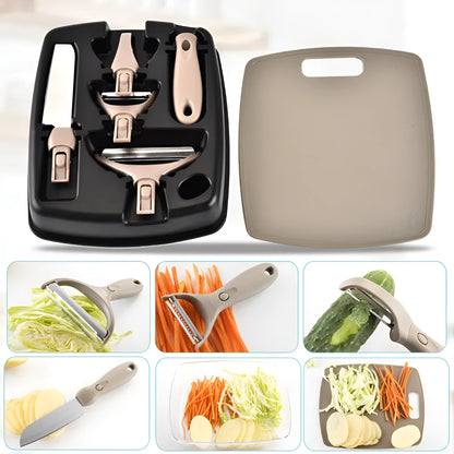 Three-piece kitchen cutter set with wheat straw chopping board, fruit knife, and peeler in green colour