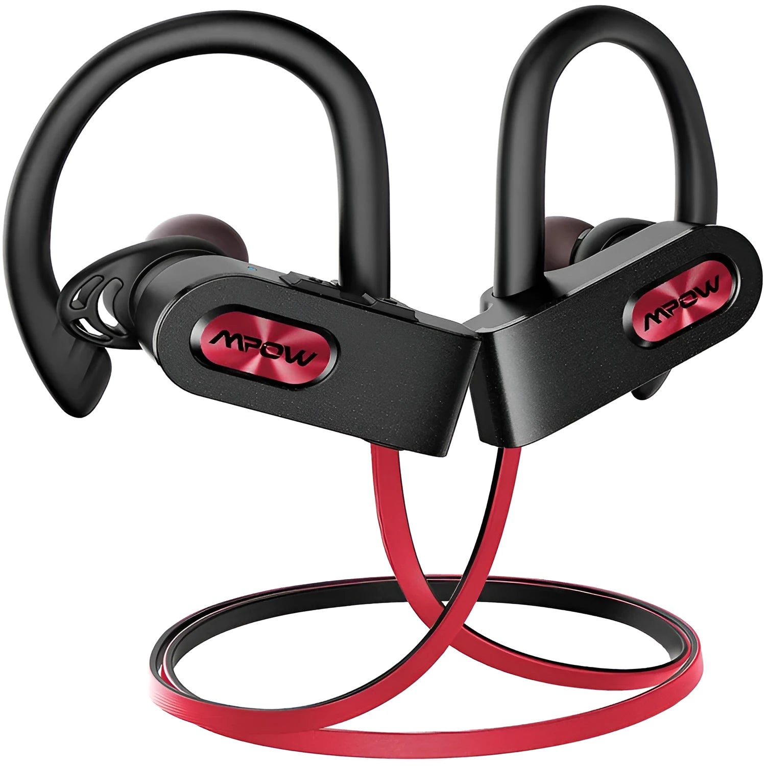 Red hanging ear Bluetooth wireless headset with microphone showing earpiece design