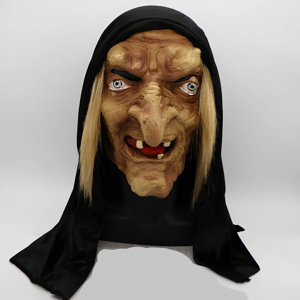 Black latex Halloween witch mask with full facial coverage and realistic texture details for adult costume parties