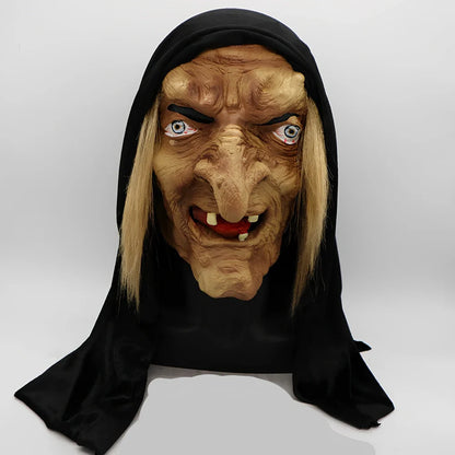 Black latex Halloween witch mask with full facial coverage and realistic texture details for adult costume parties