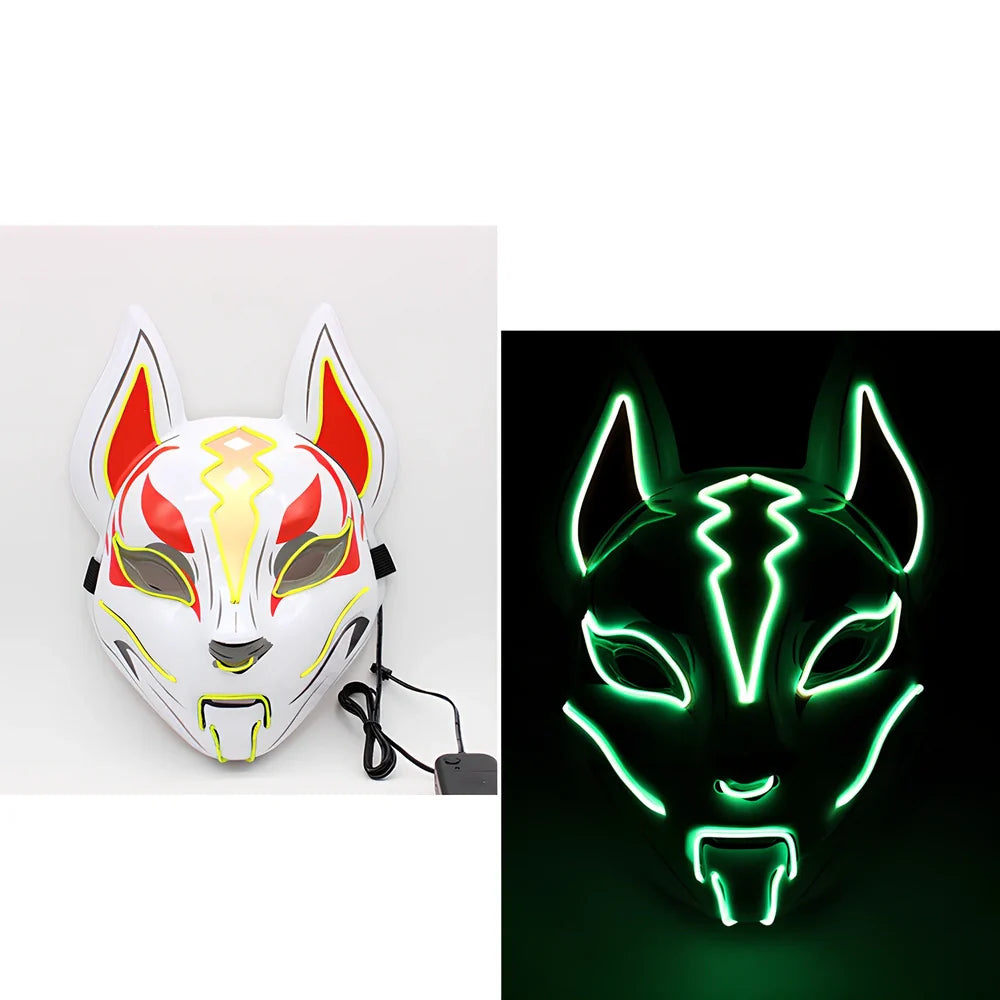 Glowing blue cat face mask with LED illumination measuring 28cm by 18cm for cosplay and Halloween events