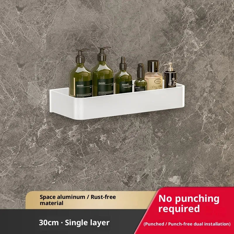 White 30cm aluminium alloy bathroom storage rack with punch-free or drilled wall hanging fitting and single layer