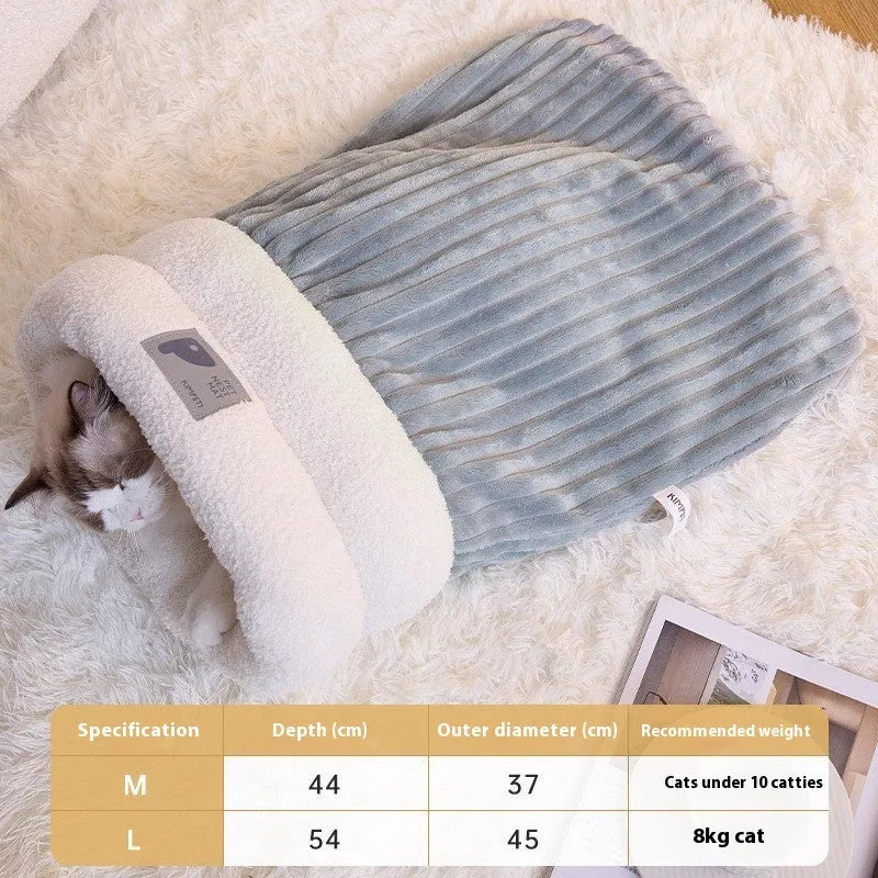 Winter warm plush pet sleeping bag for cats and dogs in brown, gray, and white