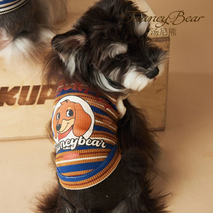 Tony Bear dog striped polo shirt in cotton, blue or brown, sizes XS to XXL, casual pet clothing