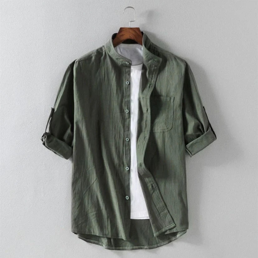 Men's linen stand collar loose shirt in white, black, and green colors