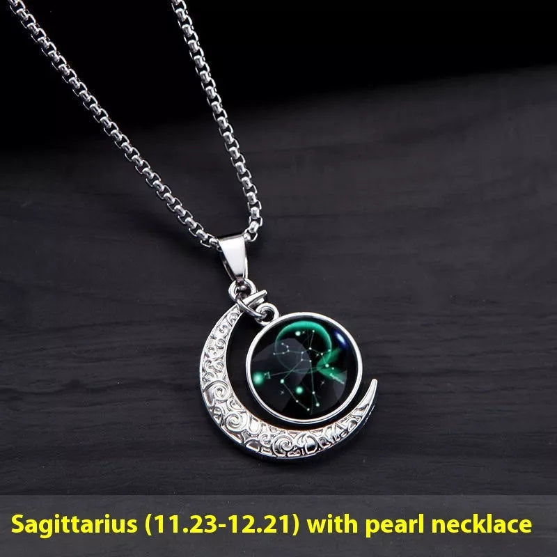 12 Constellation Glowing Necklace with luminous stone pendant and titanium steel chain