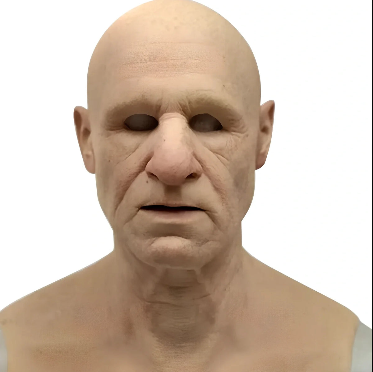 Latex old man Halloween mask with white hair and beard showing realistic facial wrinkles