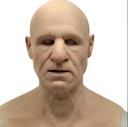 Latex old man Halloween mask with white hair and beard showing realistic facial wrinkles