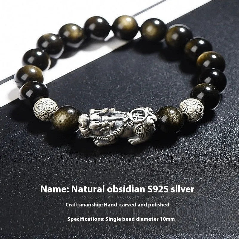 Men's geometric obsidian bracelet in polished sterling silver, shown in 12mm width size.