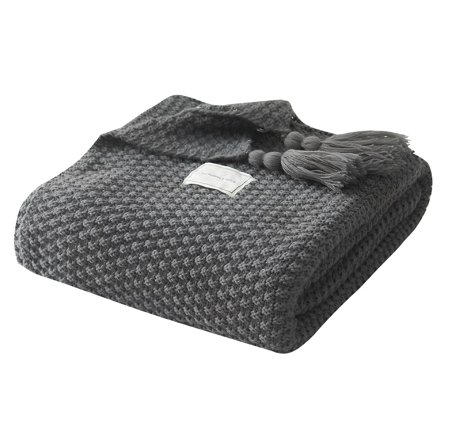 Dark gray fringed acrylic knitting blanket 130cm x 170cm with plain weave and moisture-wicking fibres