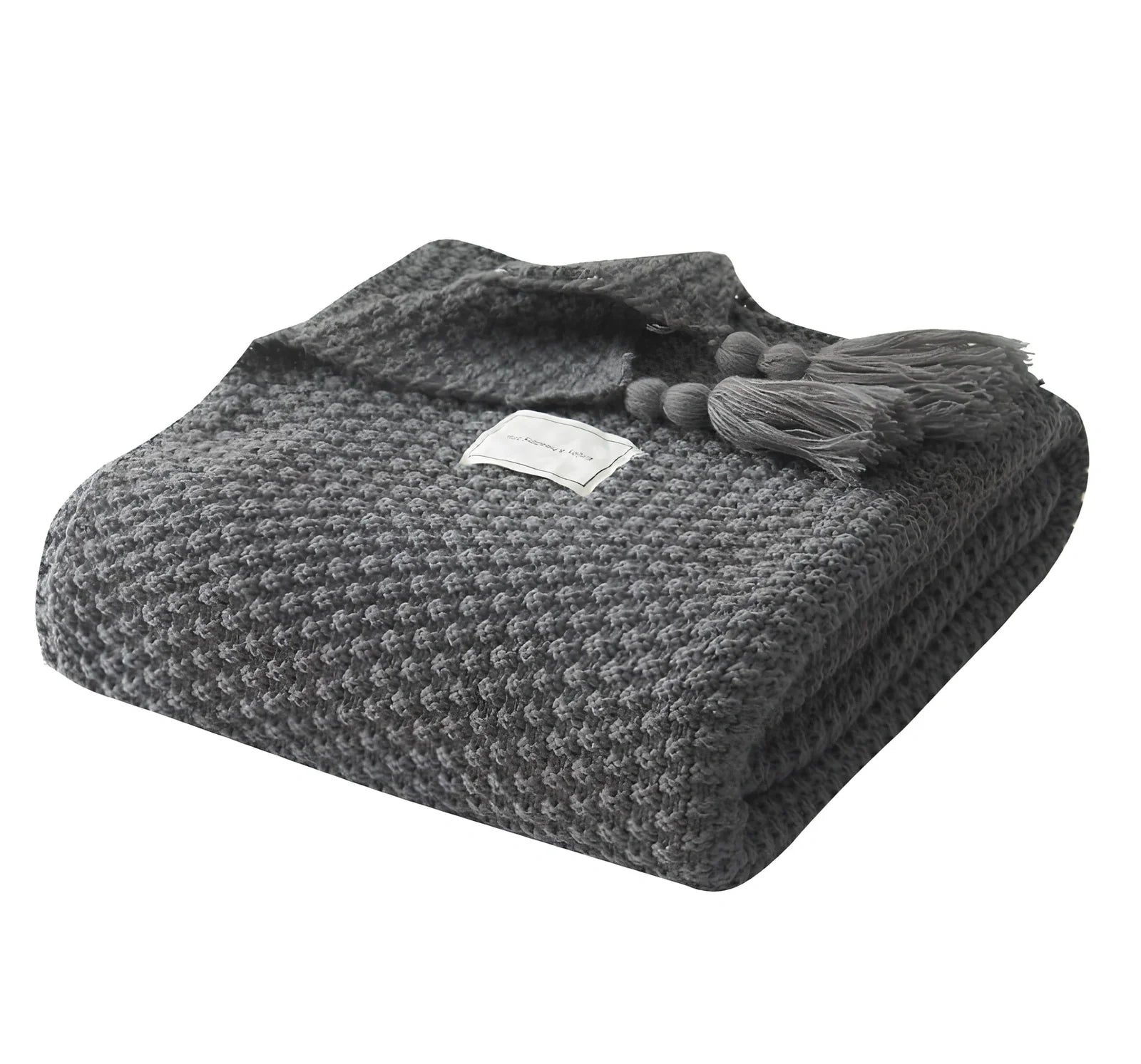 Dark gray fringed acrylic knitting blanket 130cm x 170cm with plain weave and moisture-wicking fibres