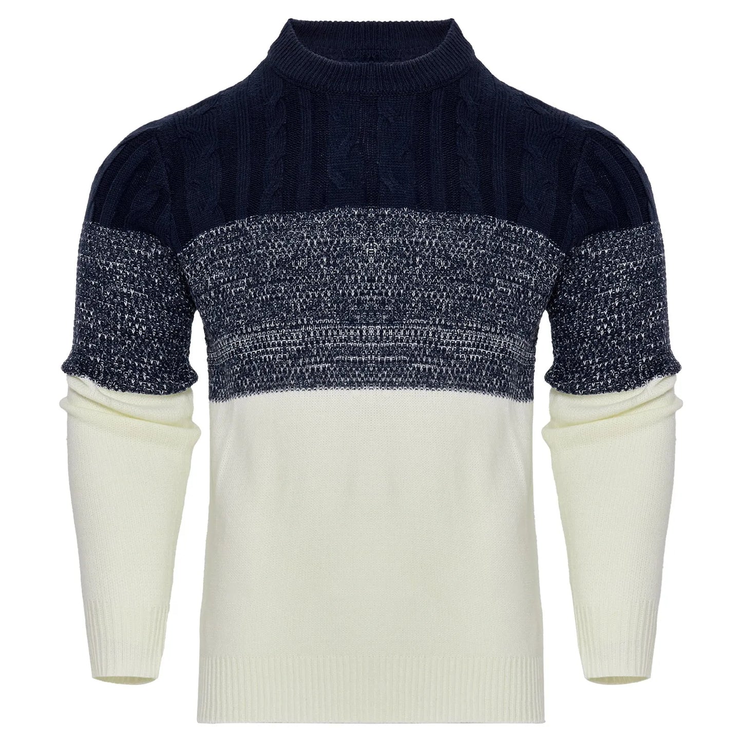 Men's grey cotton blend knitted pullover sweater with long sleeves on a hanger.