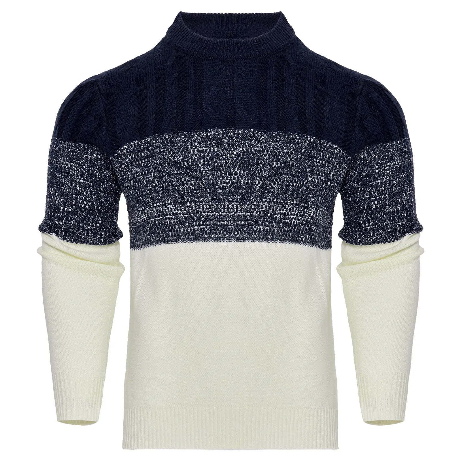 Men's grey cotton blend knitted pullover sweater with long sleeves on a hanger.