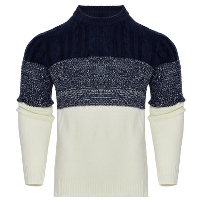 Men's grey cotton blend knitted pullover sweater with long sleeves on a hanger.