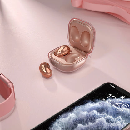 Transparent clamshell-style Bluetooth earphone case in translucent black, gold, purple, and clear colours.
