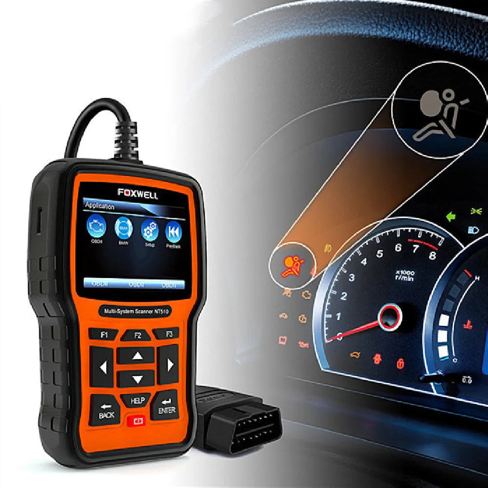 Foxwell NT510 automotive diagnostic tool with orange and black design, large TFT colour screen, and data cable for OBD scanning