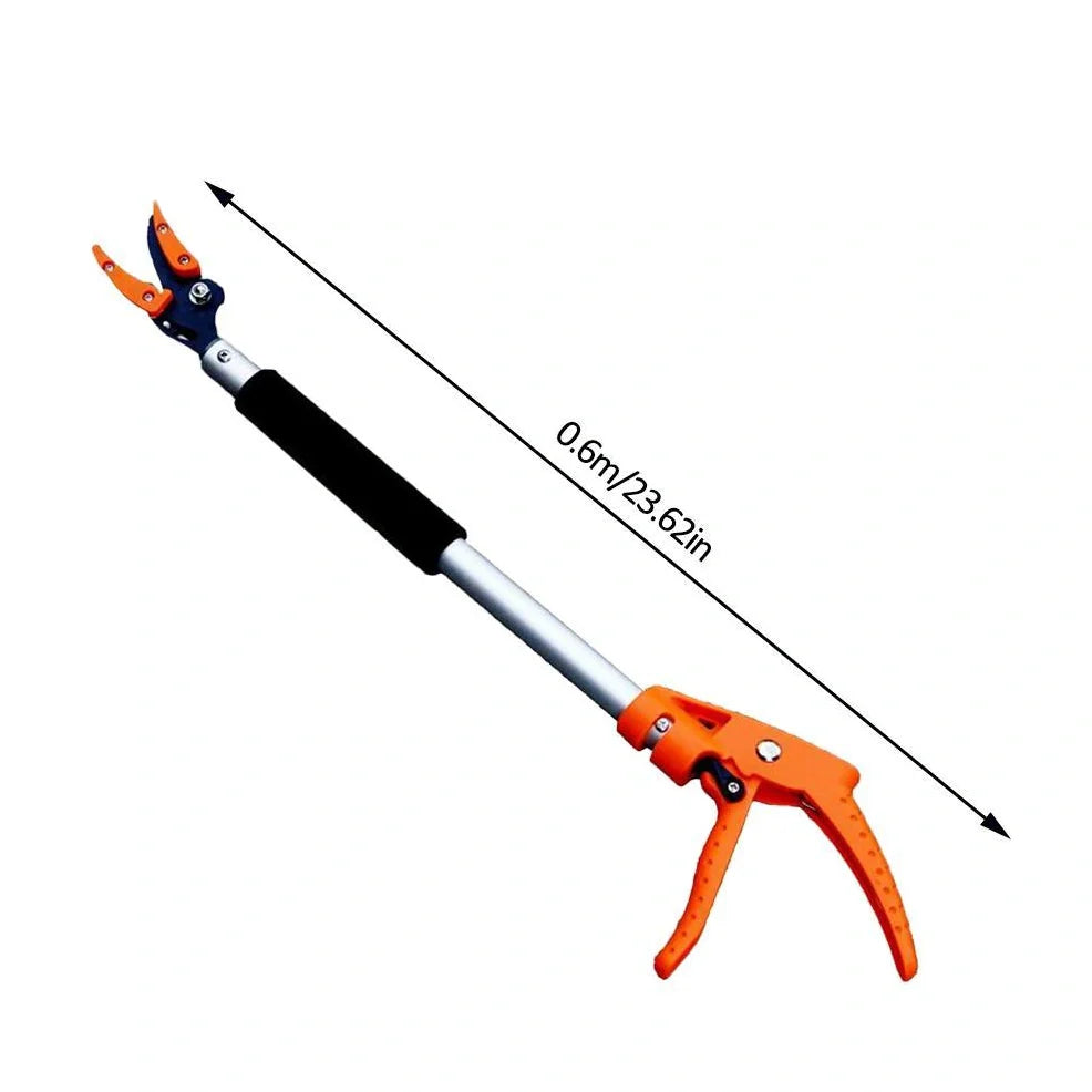 Orange aluminium pruning shears with 60cm reach and spring-loaded cutting mechanism for garden use