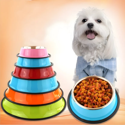 Stainless steel pet bowl with colourful melamine exterior in various sizes with non-slip rubber base