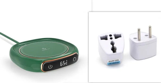 White USB coffee mug warmer heating pad on wooden desk