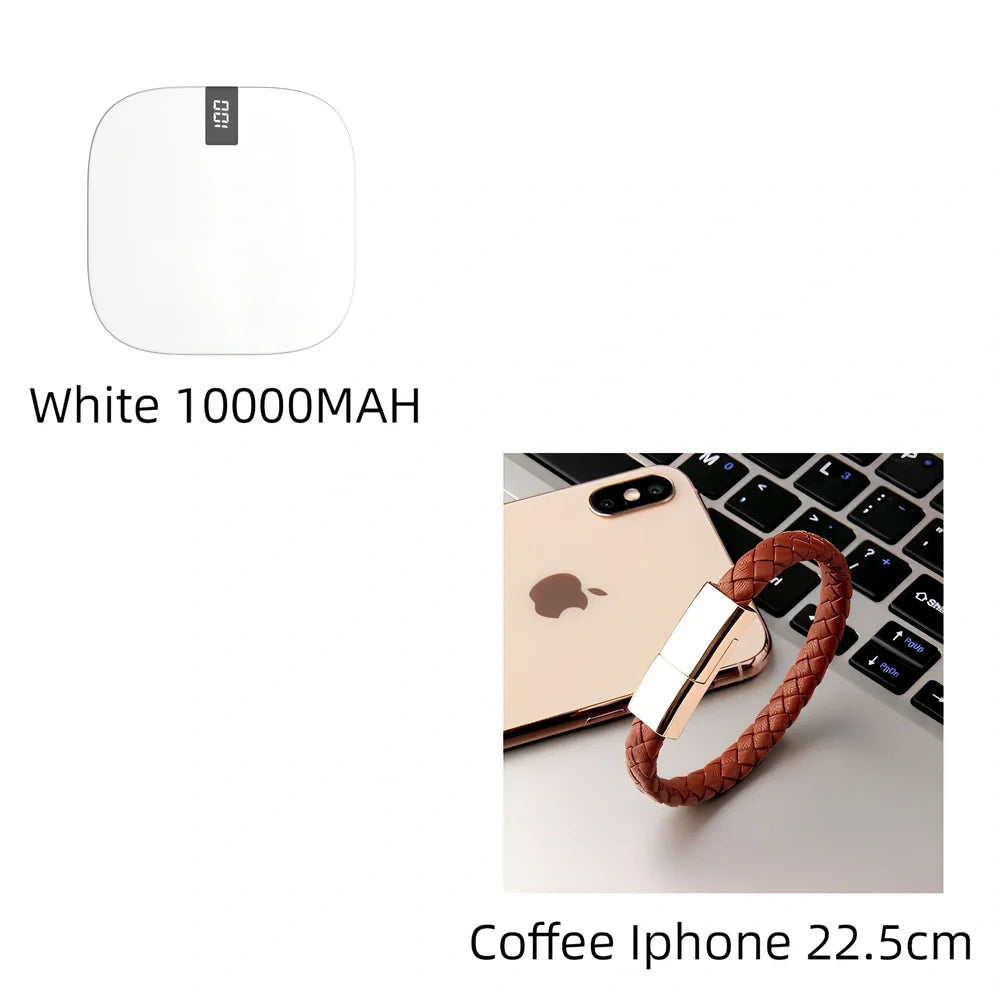 Red 10000 mAh mini power bank with digital display showing battery percentage, measuring 90x64x24mm