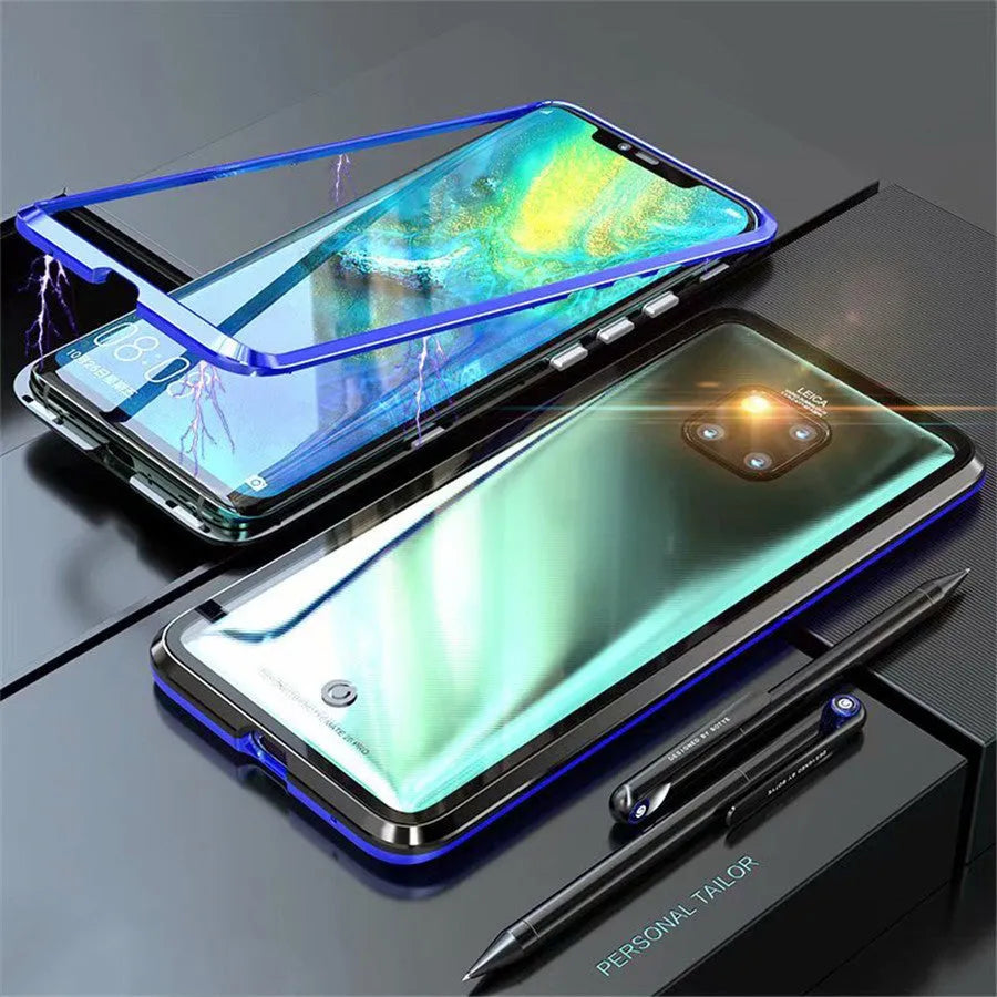 Magnetic phone case with 9H tempered glass back and metal frame for Huawei smartphones in black, blue, red, or white