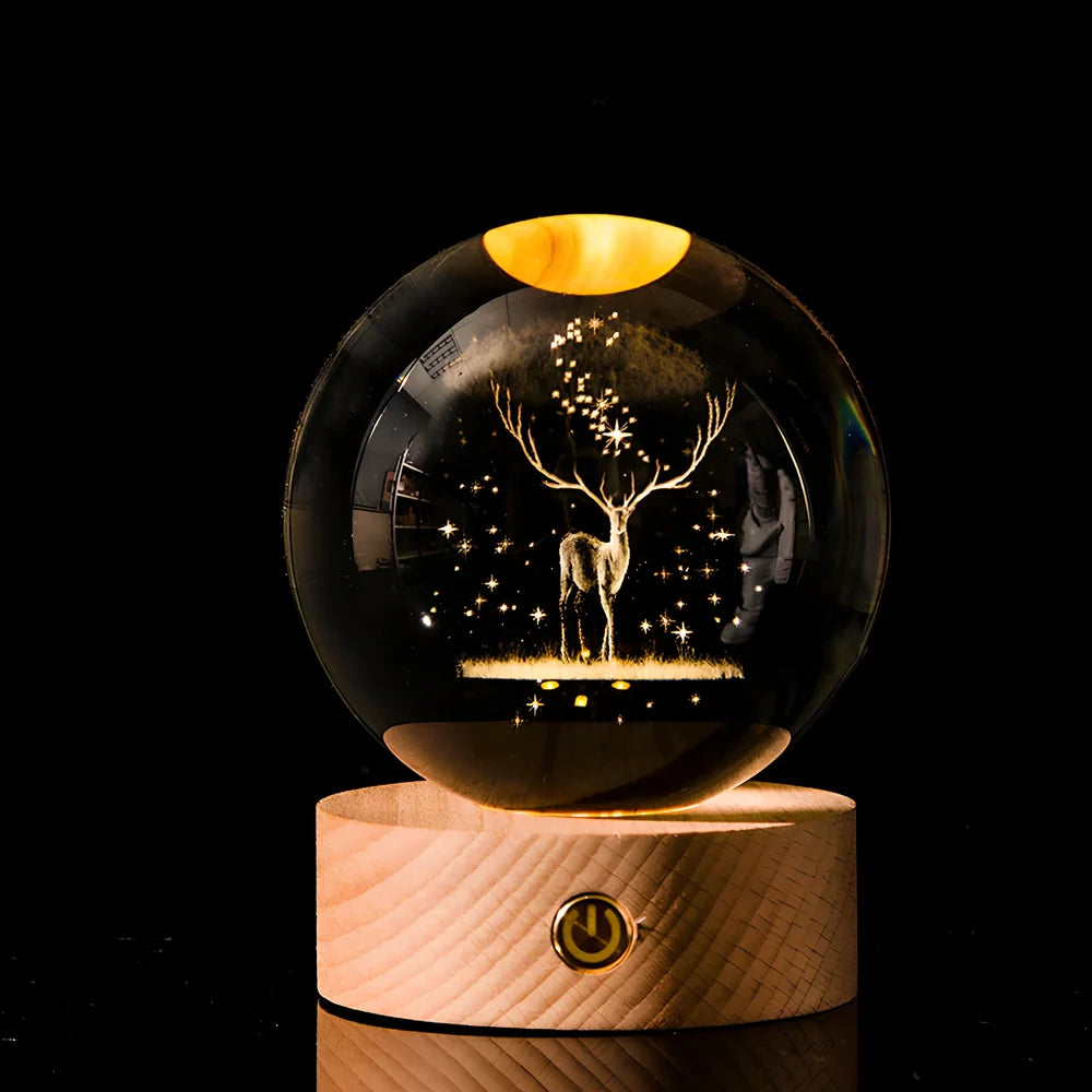 Transparent crystal ball with 3D laser inner carving of galaxy patterns on charging base