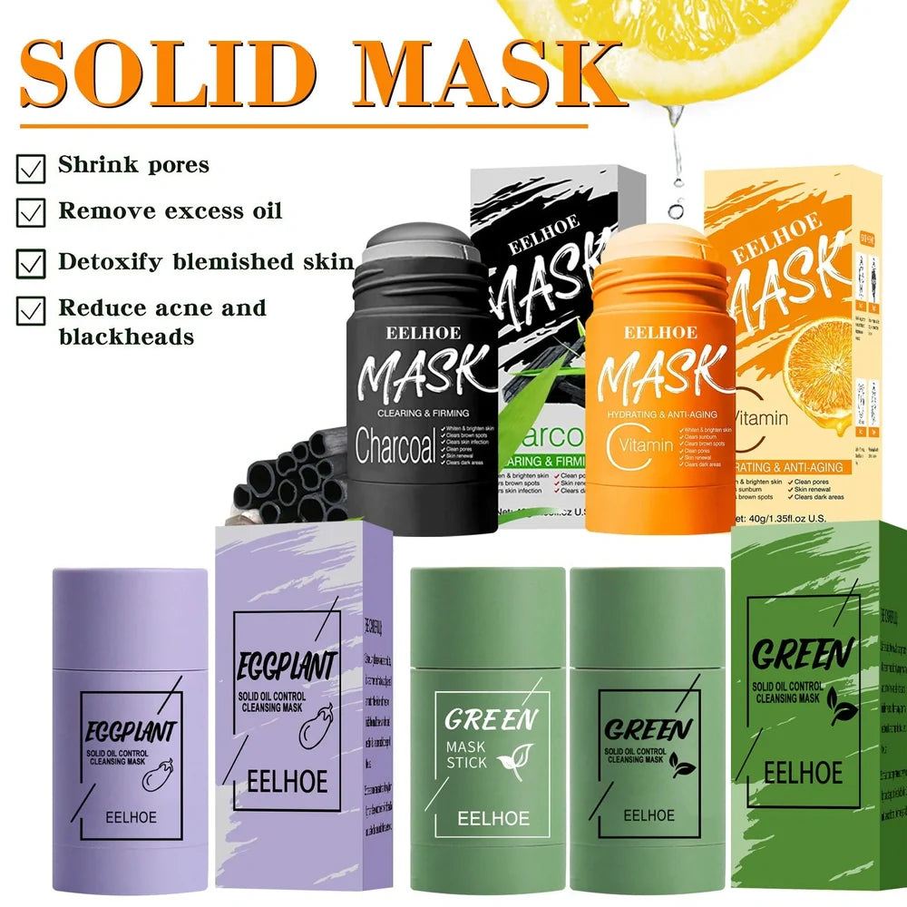 Rotating head face mask stick showing charcoal and Vitamin C solid clay formulations
