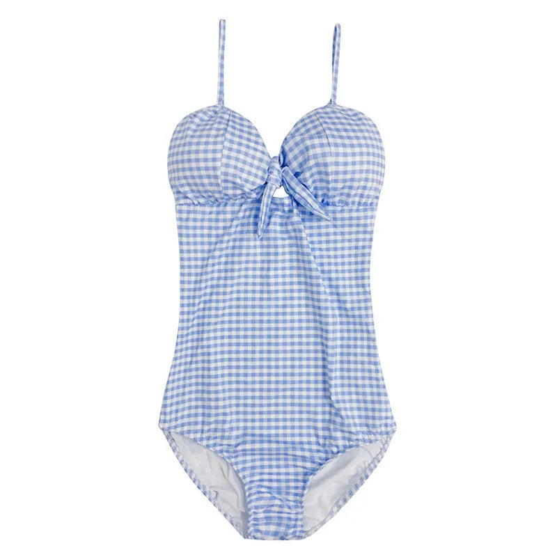 Women's blue and white plaid one-piece swimsuit for swimming and wading, sizes M L XL