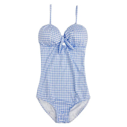 Women's blue and white plaid one-piece swimsuit for swimming and wading, sizes M L XL